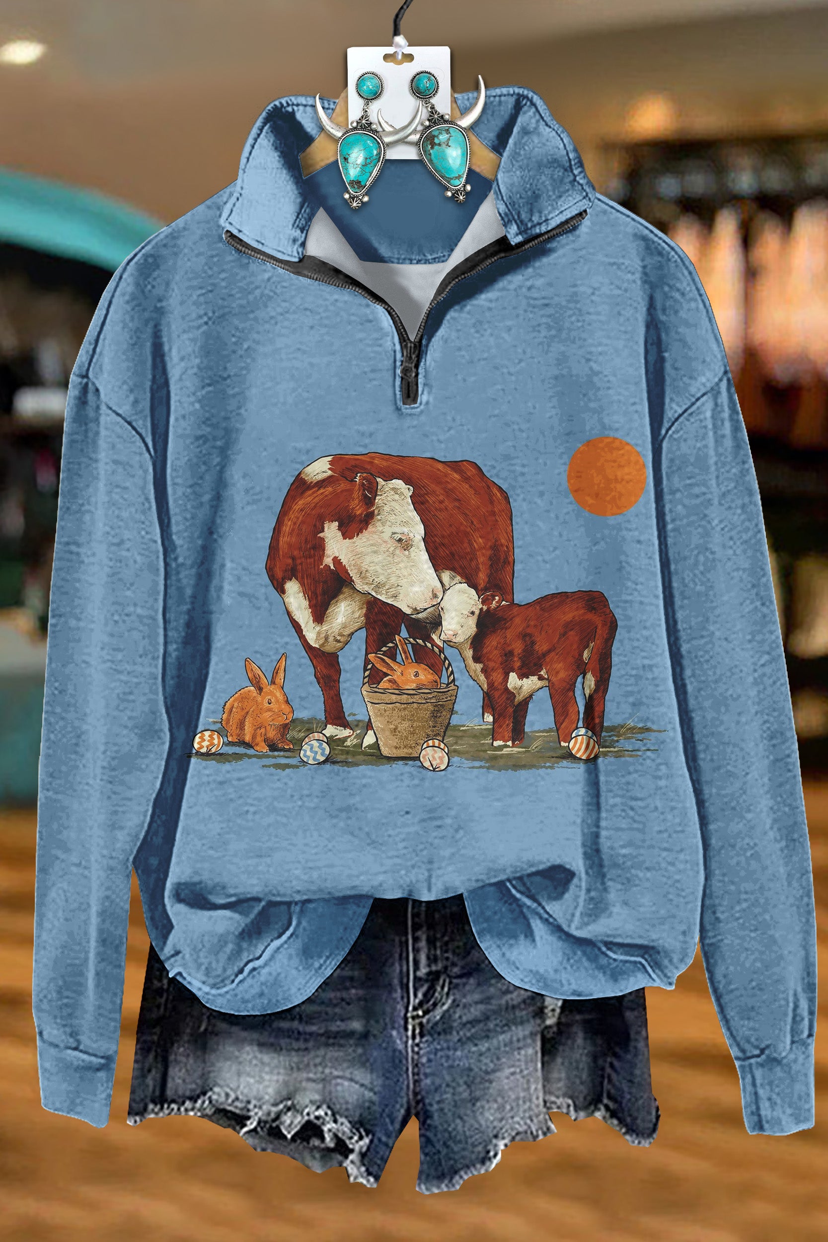 Western Easter Egg Bunny Cow Zip Sweatshirt