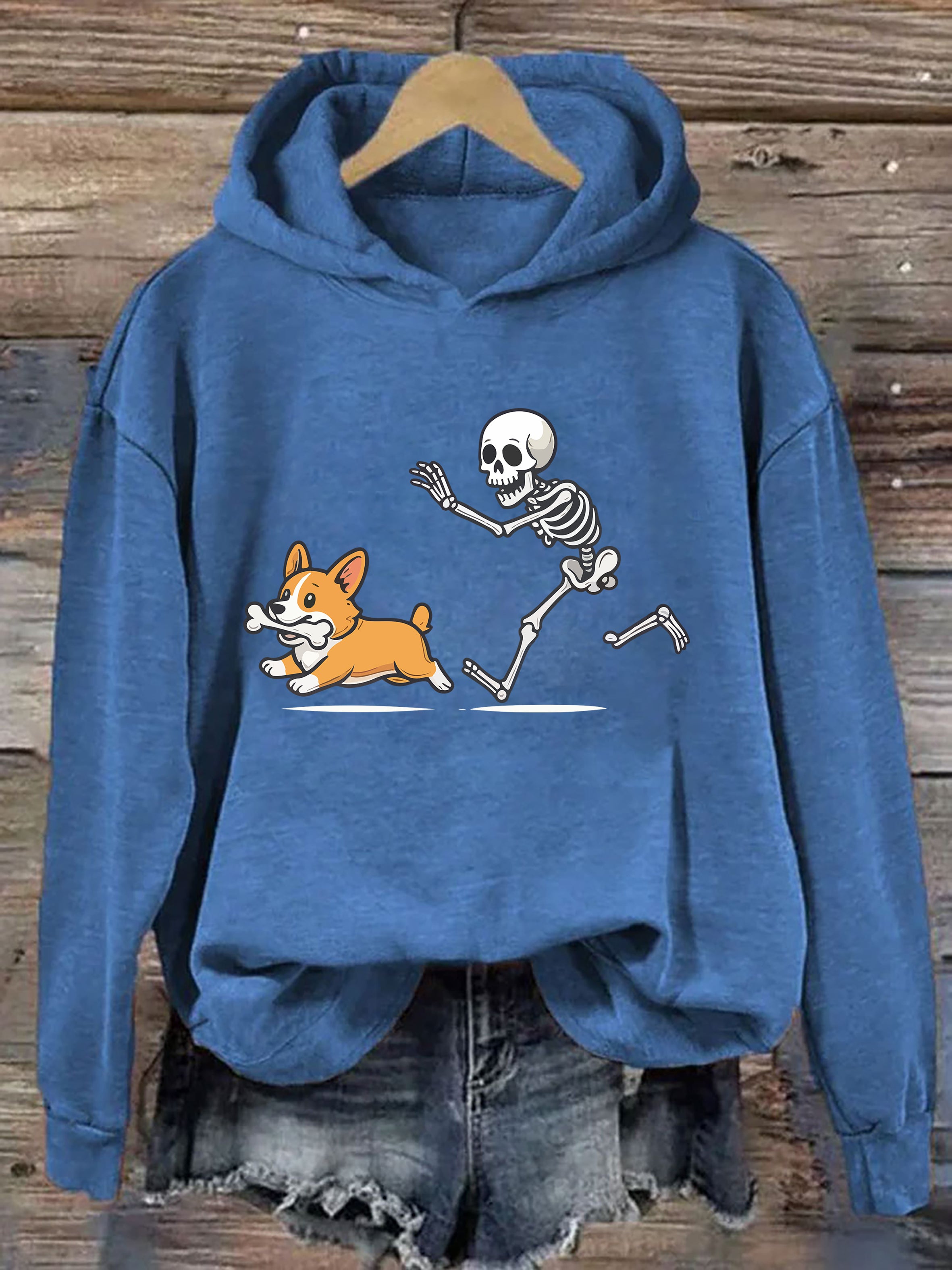 Funny Skeleton Chasing Corgi Hoodie