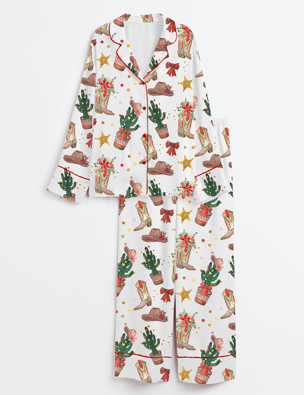 Western Cowboy Boots Hat Cactus Christmas Long Sleeve Satin Pajama Set
