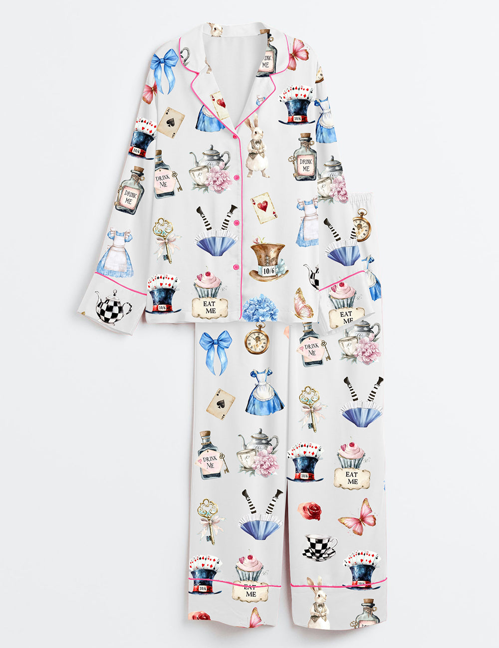 Alice In Wonderland Teapot Dress Mad Hatter Hat Tea Party Long Sleeve Satin Pajama Set