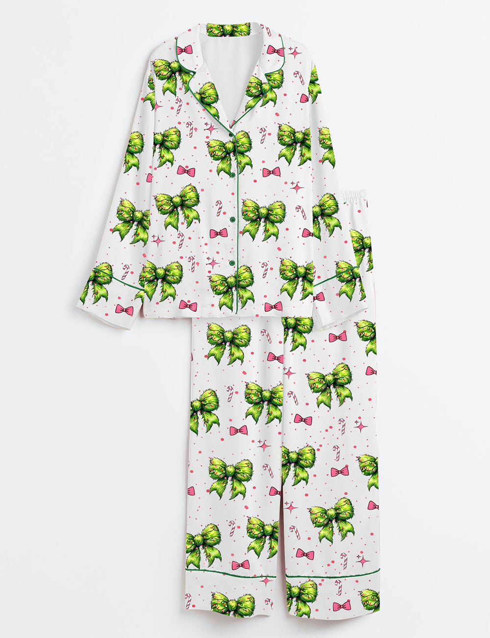 Green Christmas Coquette Bow Long Sleeve Satin Pajama Set