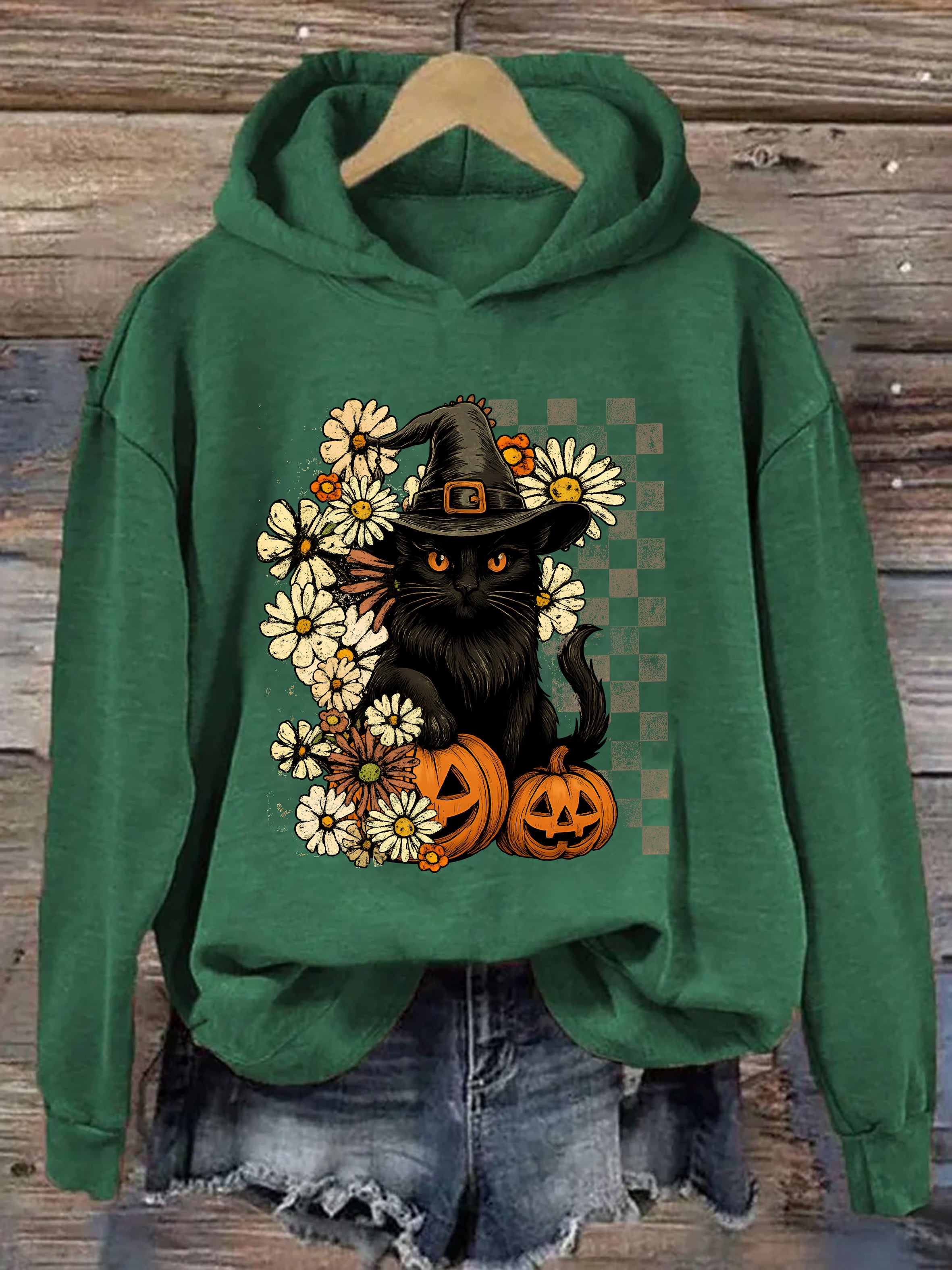 Boho Floral Black Cat Hoodie