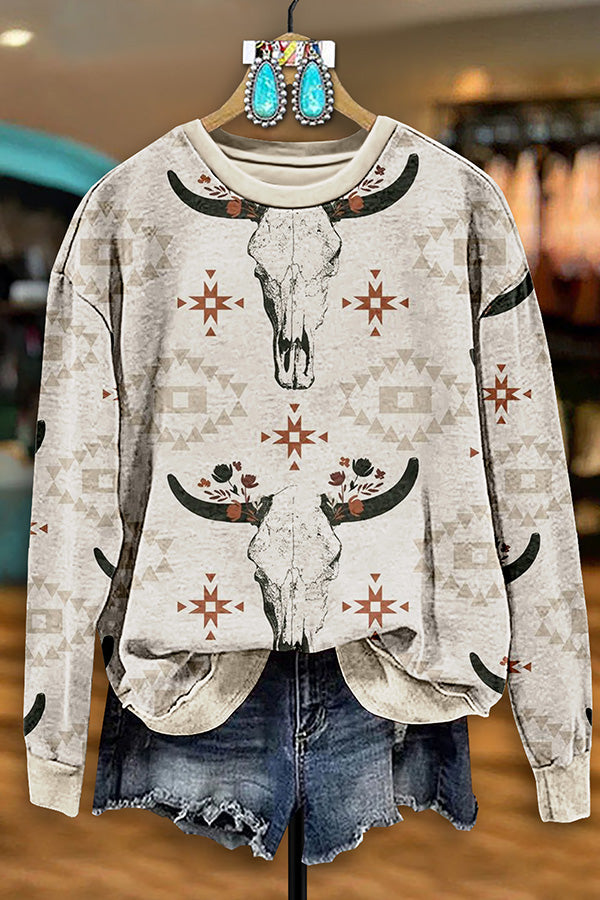 Retro Western Bull Head Print Sweatshirt