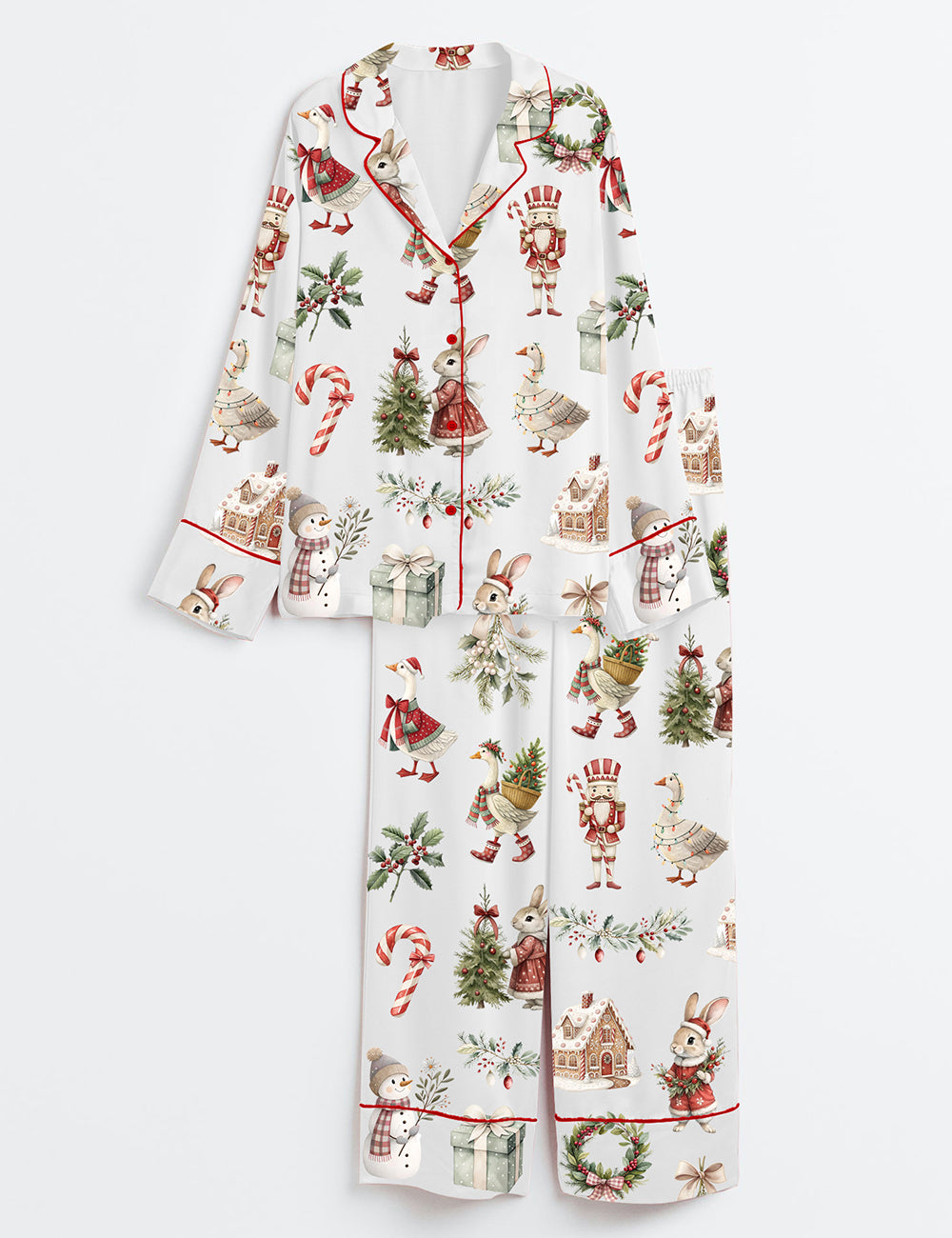 Christmas Vintage Bunny Goose Watercolor Winter Wonderland Rustic Cute Animal Long Sleeve Satin Pajama Set