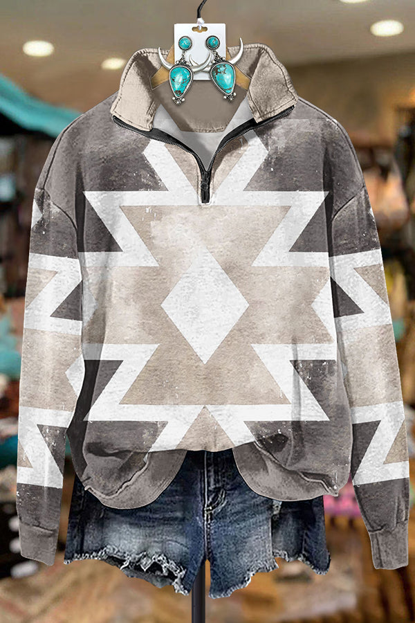Retro Western Aztec Printed Zipper Sweatshirt
