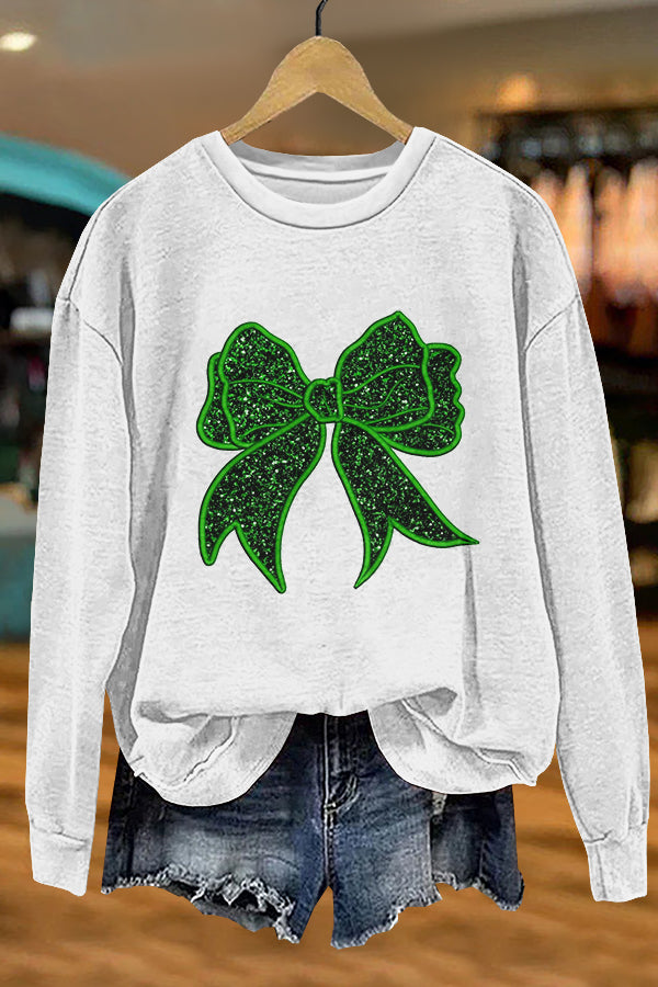 Shiny St. Patrick Shamrock Bow Print Sweatshirt