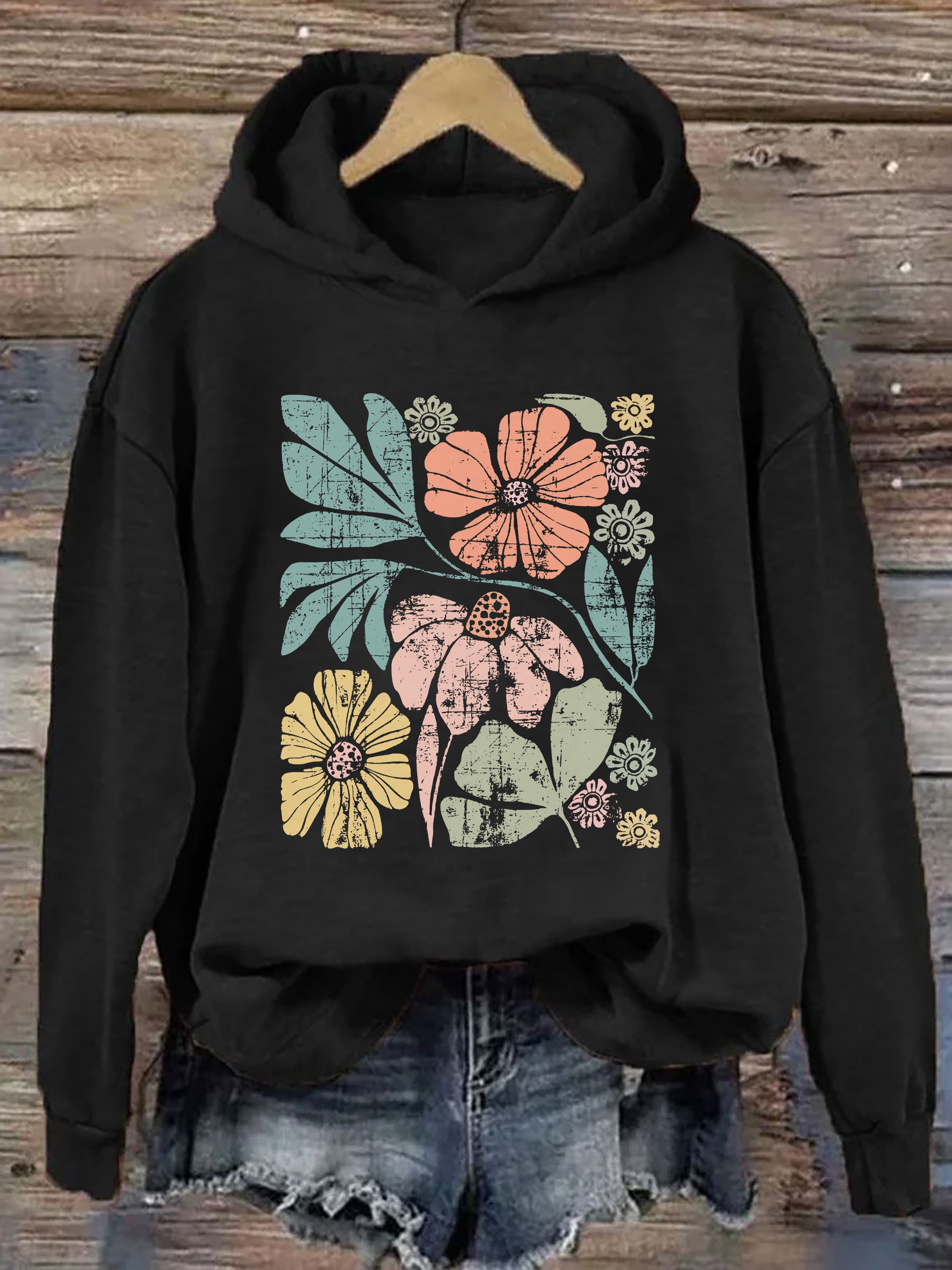 Large Colorful Distressed Flowers Hoodie