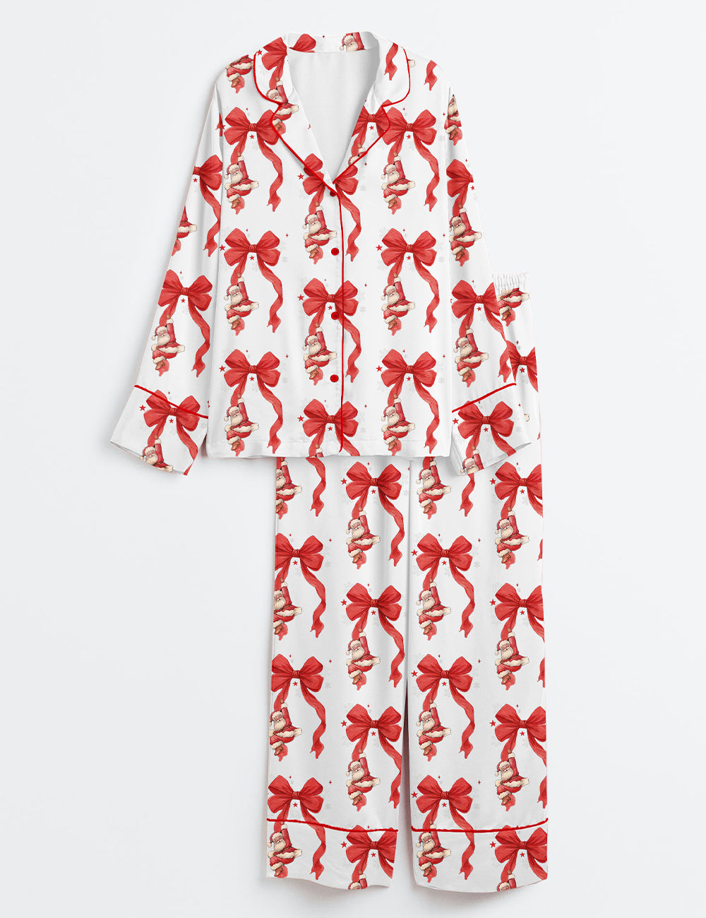 Coquette Bow Christmas Santa Long Sleeve Satin Pajama Set