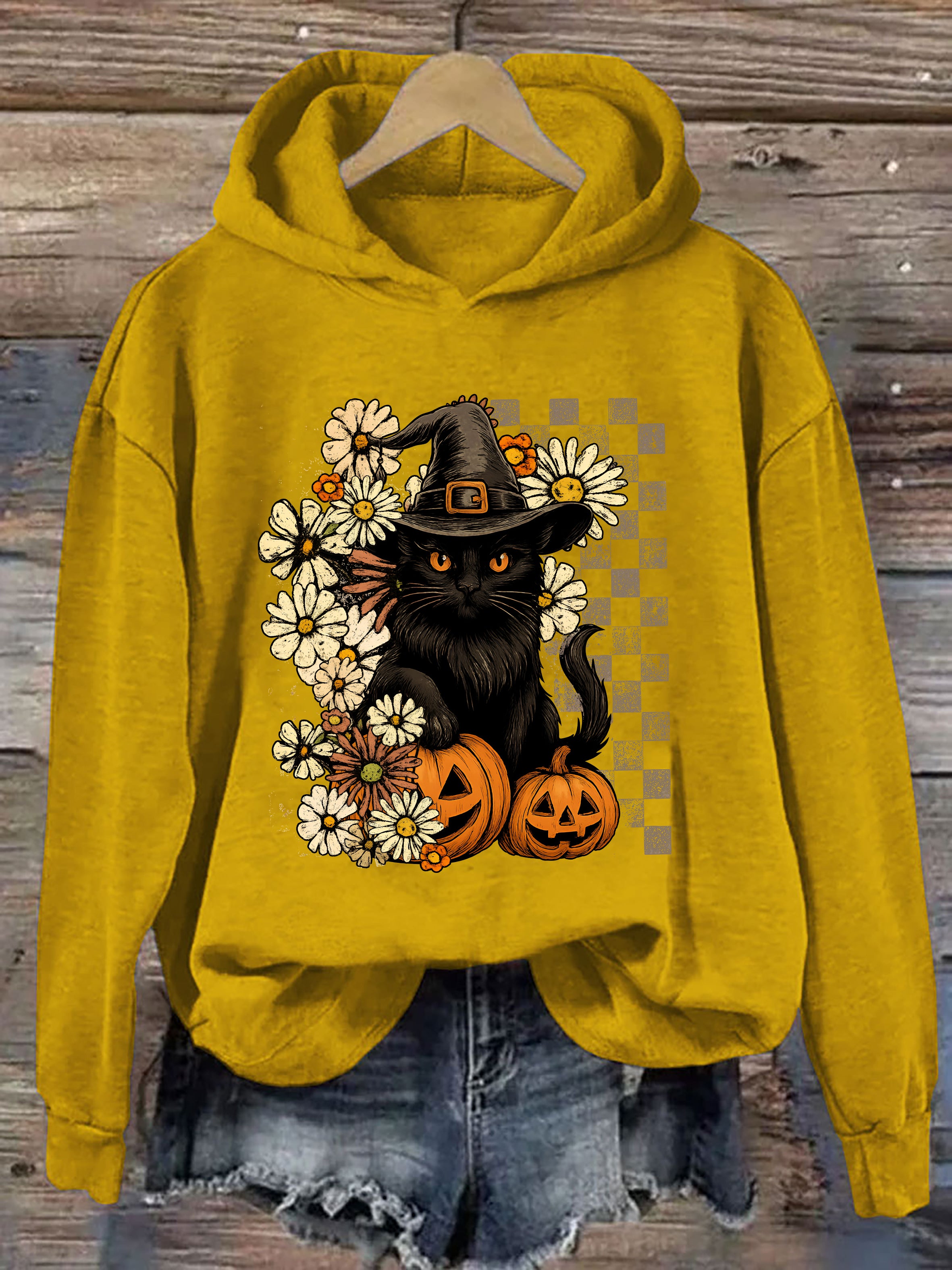 Boho Floral Black Cat Hoodie