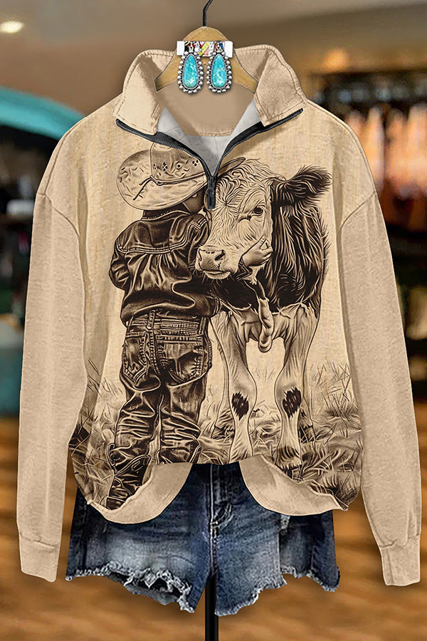 Vintage Western Cow Print Zip-Up Sweatshirt