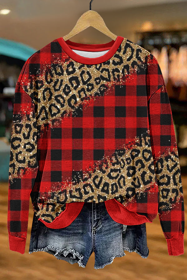 Classic Red Plaid Leopard Print Sweatshirt