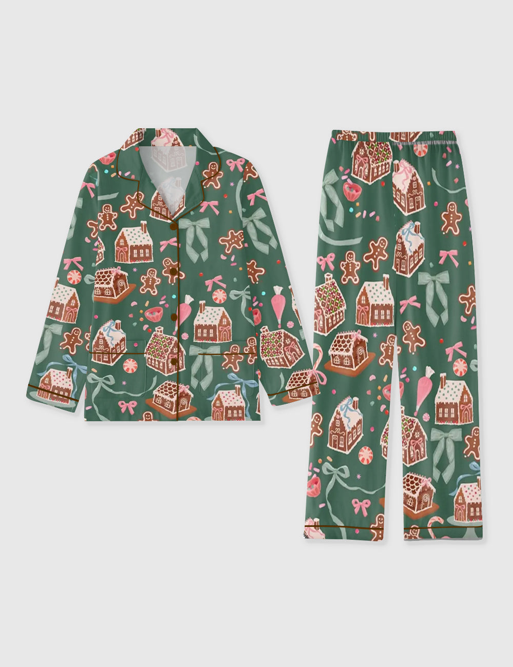 Women's Green Gingerbread Bow Christmas Holiday Long Sleeve Pocket Cotton Pajama Set