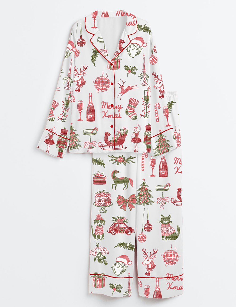 Watercolor Vintage Christmas Hand Drawn Holiday Cocktails Long Sleeve Satin Pajama Set