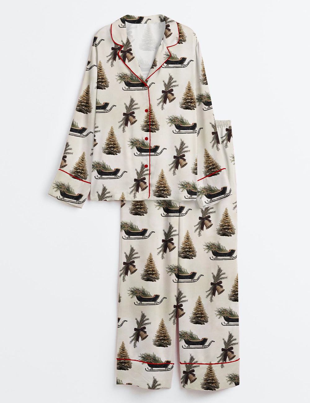 Christmas Bell With Pine And Brown Bow Ribbon Holiday Sleigh And Christmas Tree Long Sleeve Satin Pajama Set