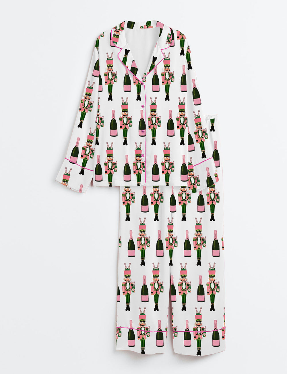 Women's Bucket Nutcracker Champagne Long Sleeve Satin Pajama Set