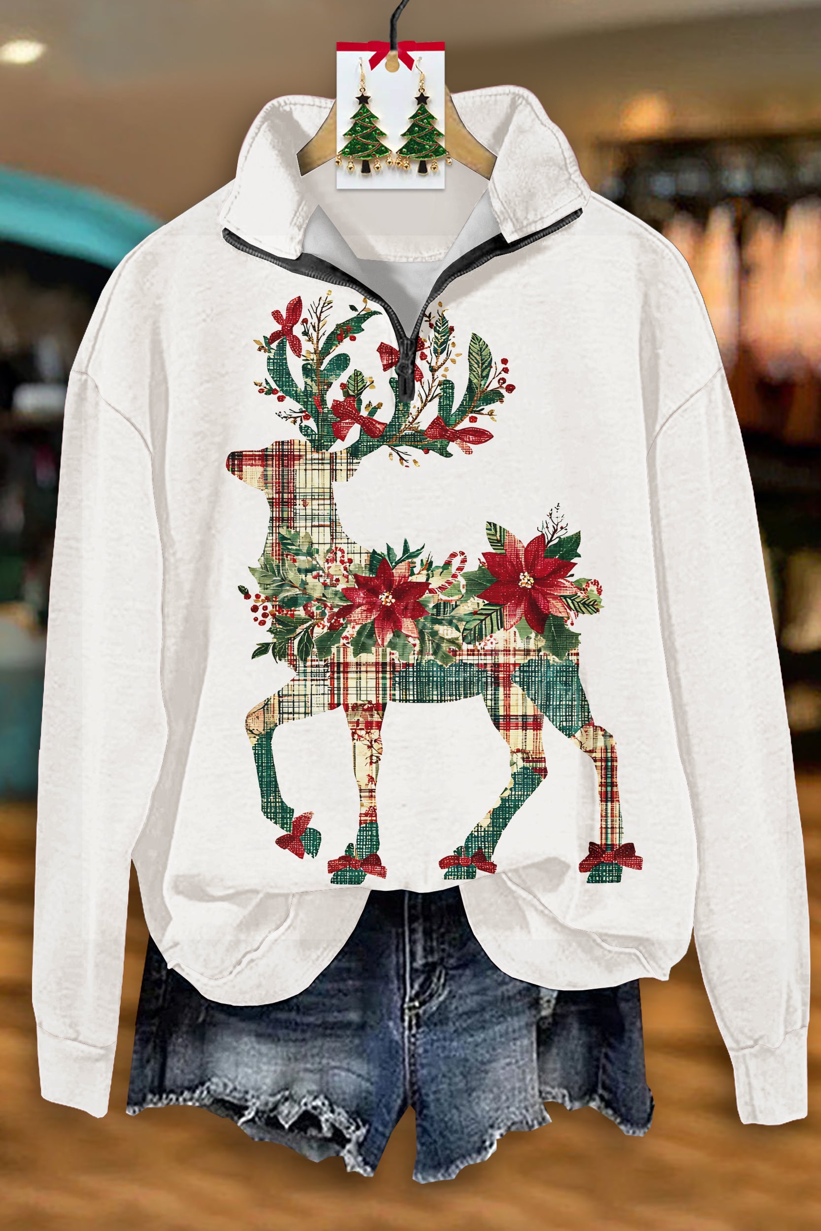 Christmas Elk Print Zip-Up Sweatshirt