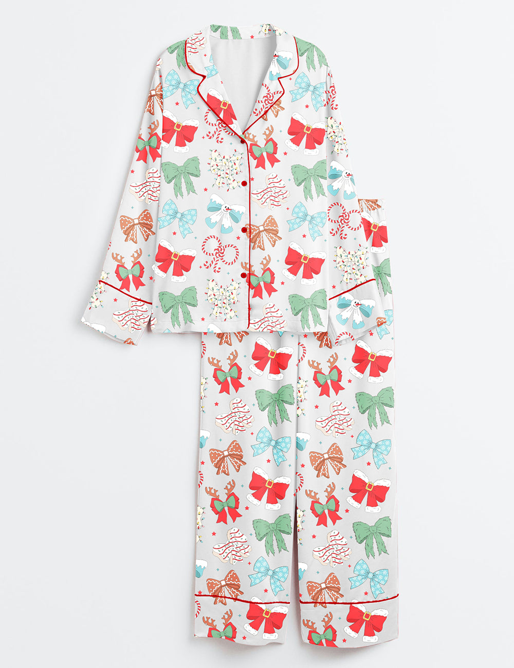 Retro Coquette Bow Christmas Girly Christmas Snowman Long Sleeve Satin Pajama Set