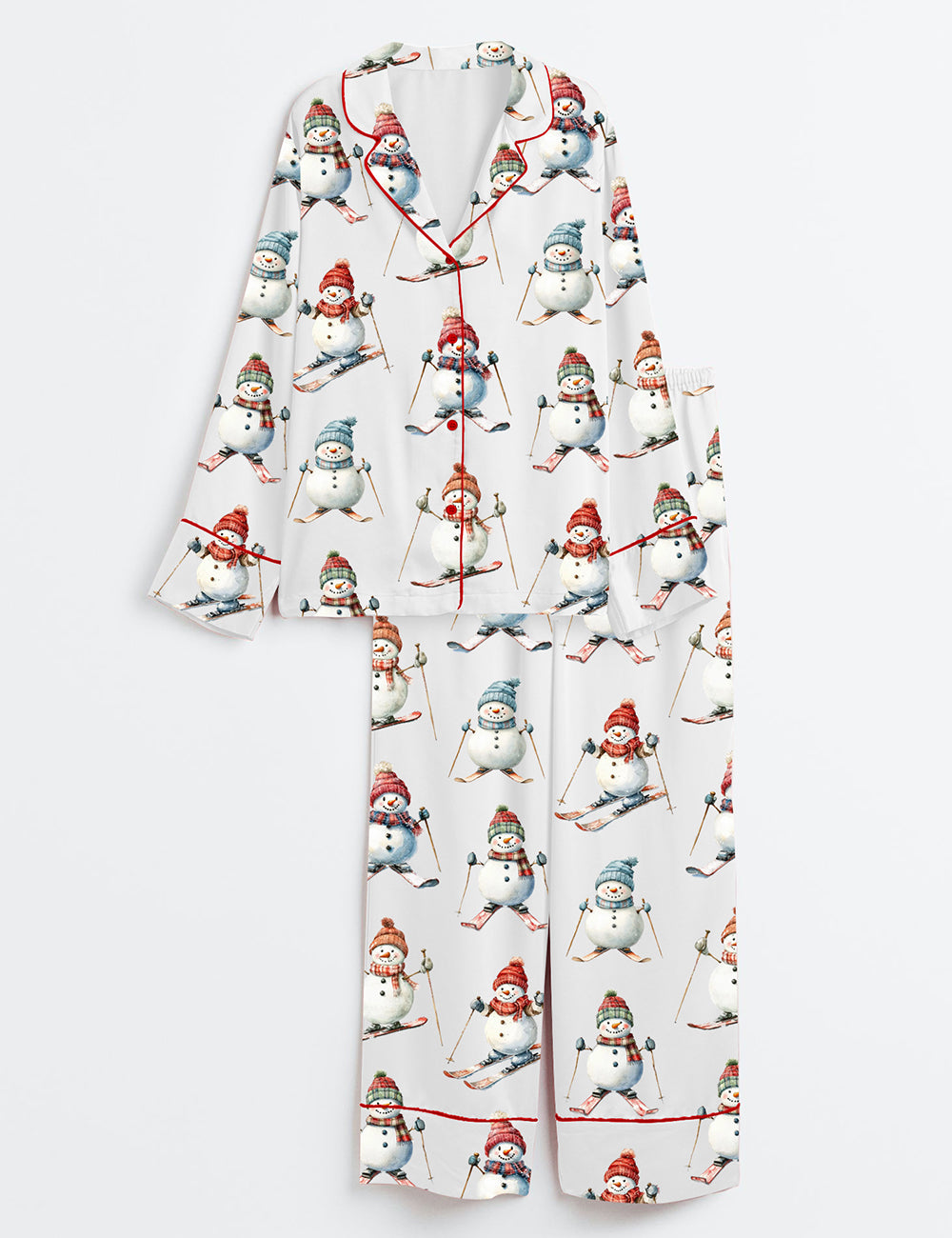 Snowman Skiing Christmas Long Sleeve Satin Pajama Set