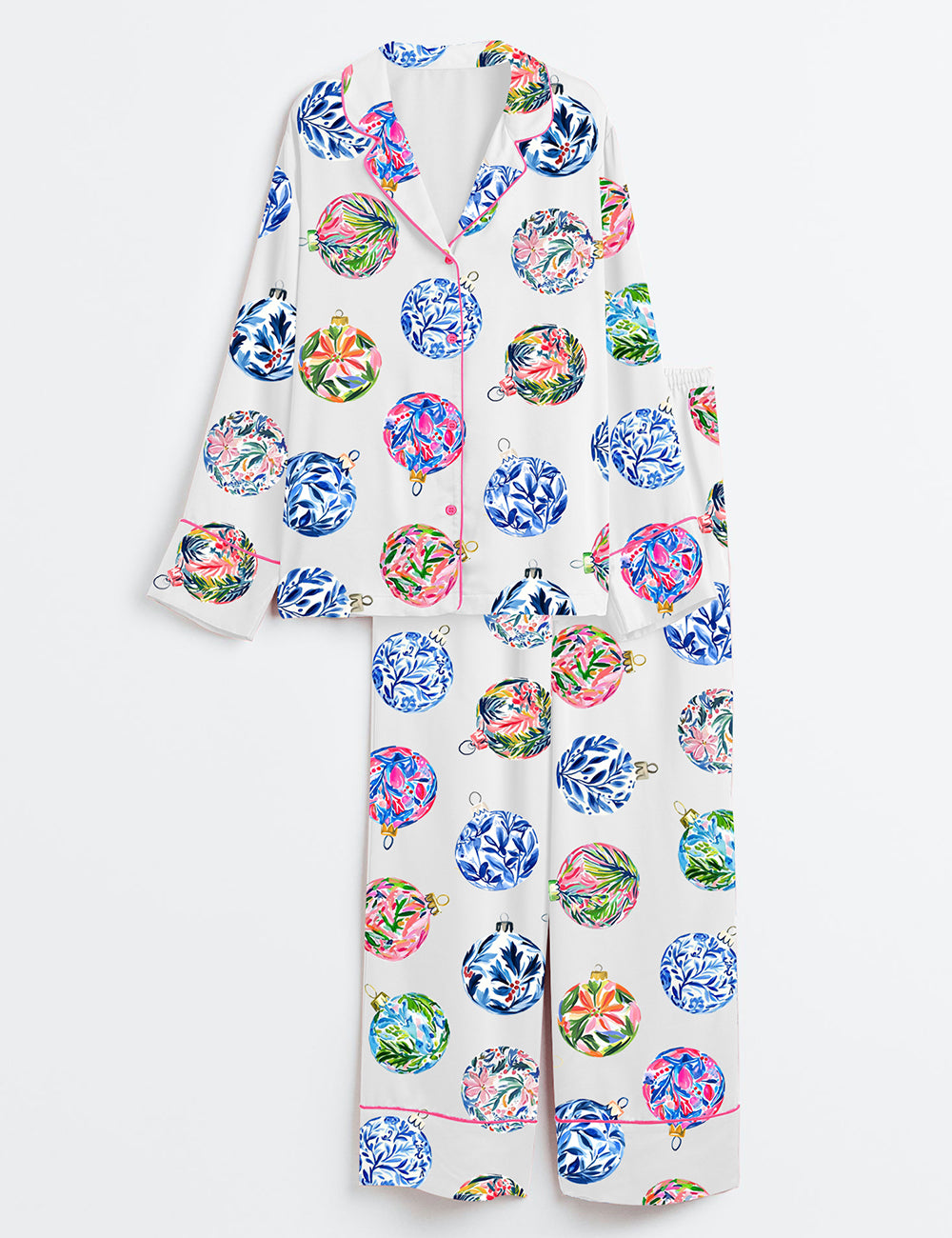 Preppy Baubles Watercolor Christmas Holiday Ornaments Print Long Sleeve Satin Pajama Set