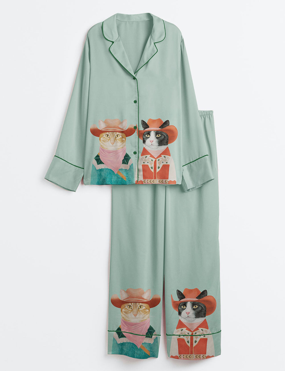 Western Cowboy Cats Cat Couple Long Sleeve Satin Pajama Set