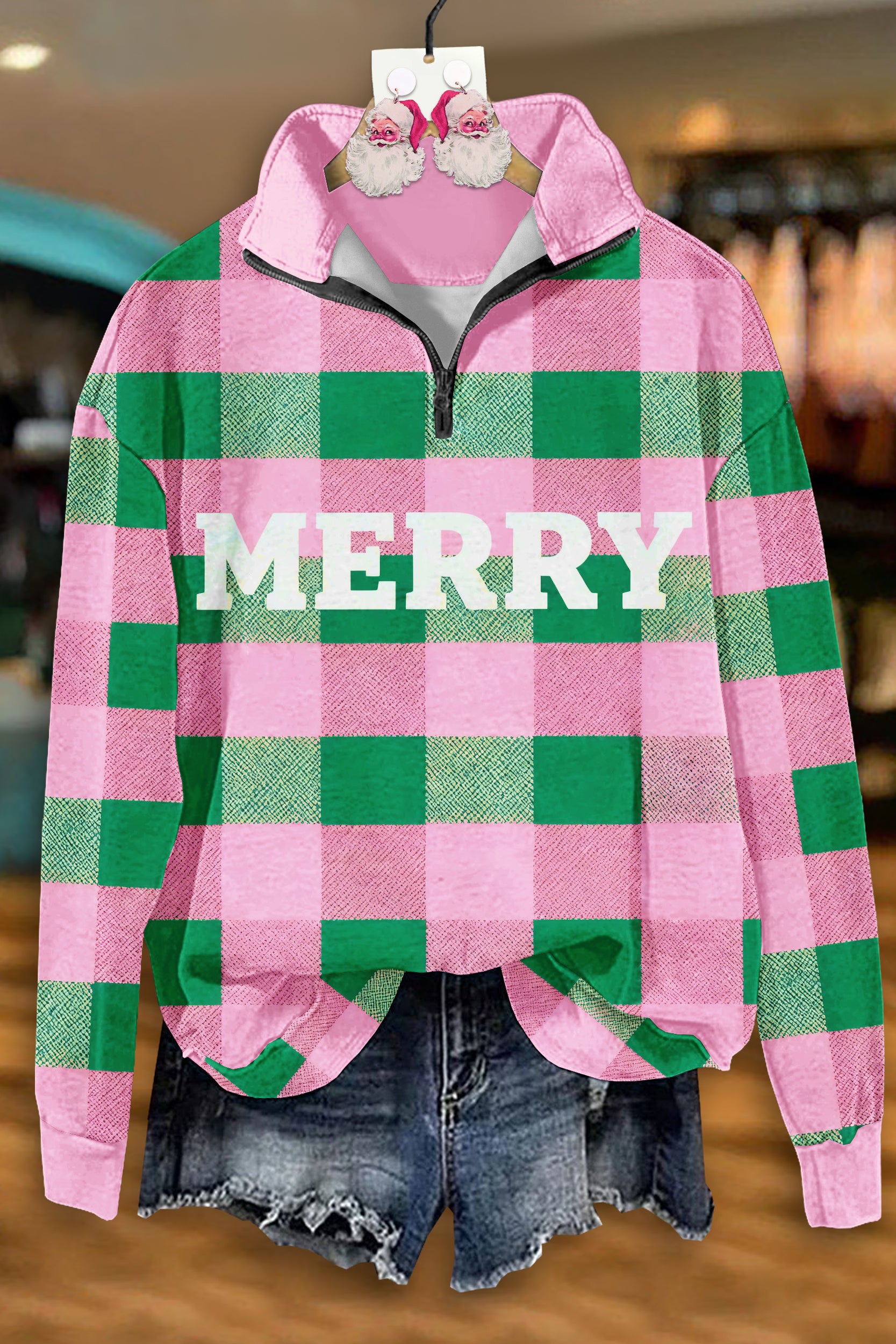 Merry Christmas Plaid Zip-Up Sweatshirt