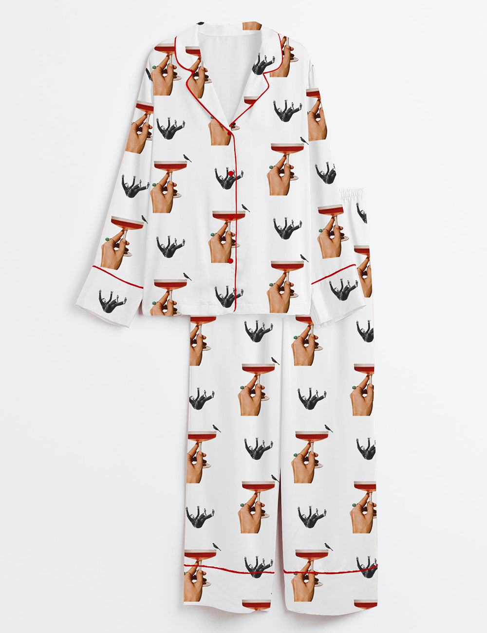 Vintage Cocktail Surrealism Print Long Sleeve Satin Pajama Set