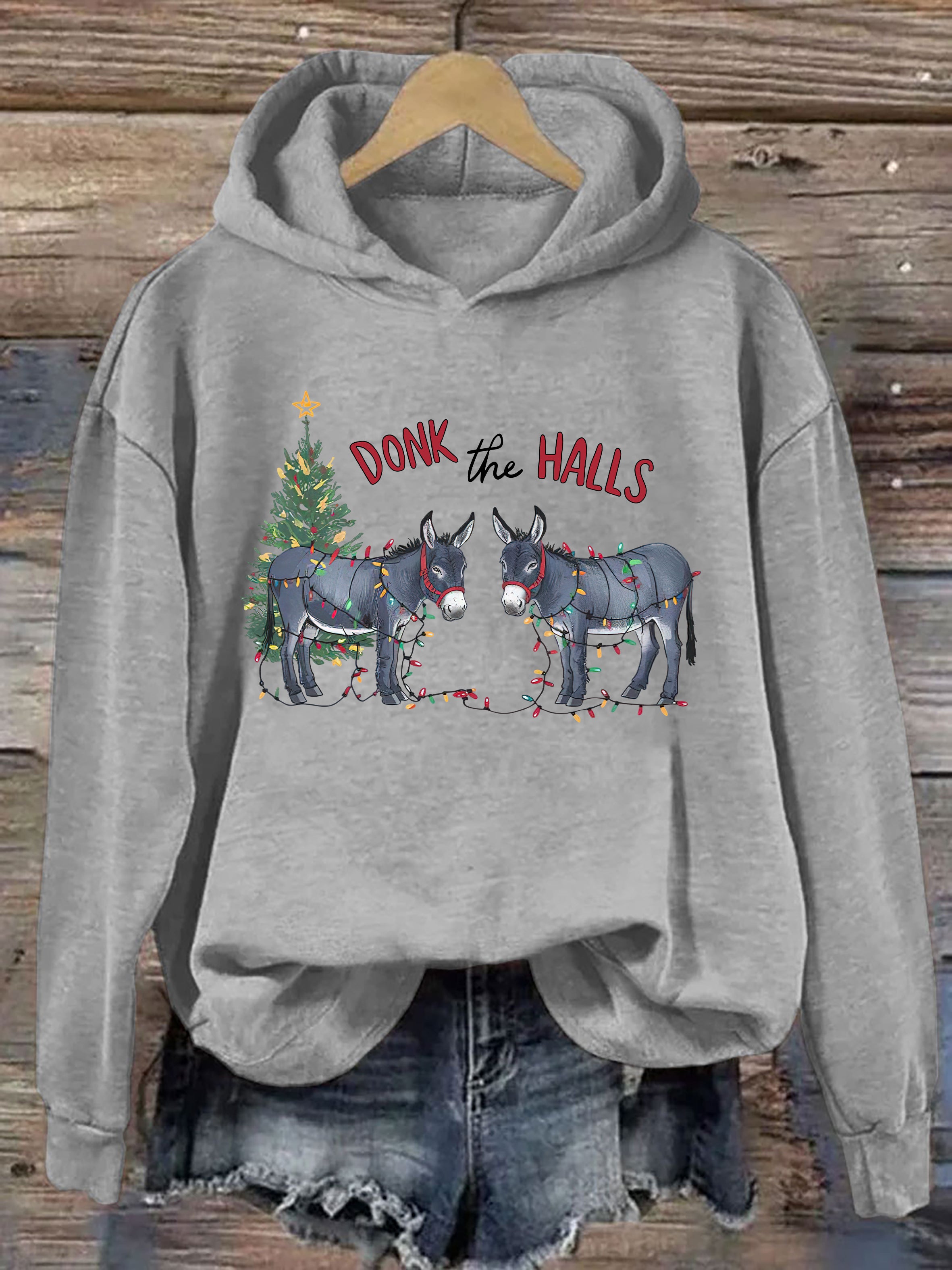 Funny Christmas Donkeys Tangled In Christmas Lights Hoodie
