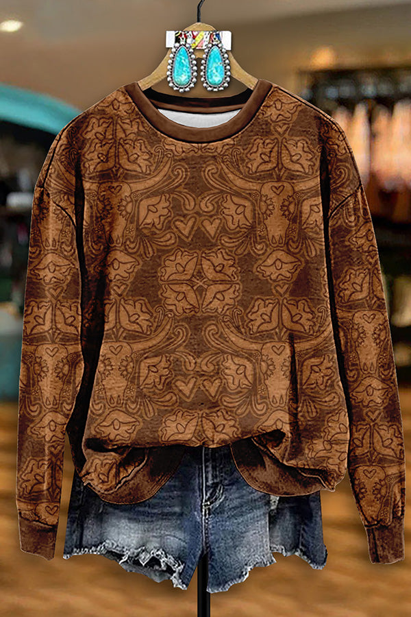 Vintage Western Bull Head Print Sweatshirt