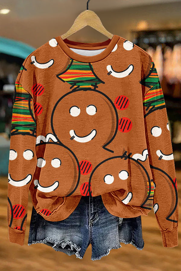 Cute Gingerbread Man Doodle Print Sweatshirt