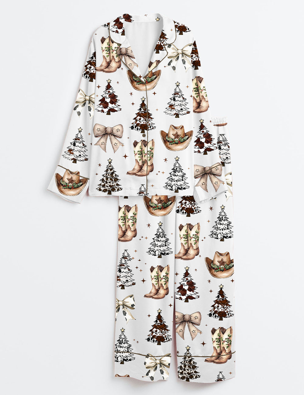 Western Christmas Coquette Cowboy Boots Hat Christmas Trees Long Sleeve Satin Pajama Set