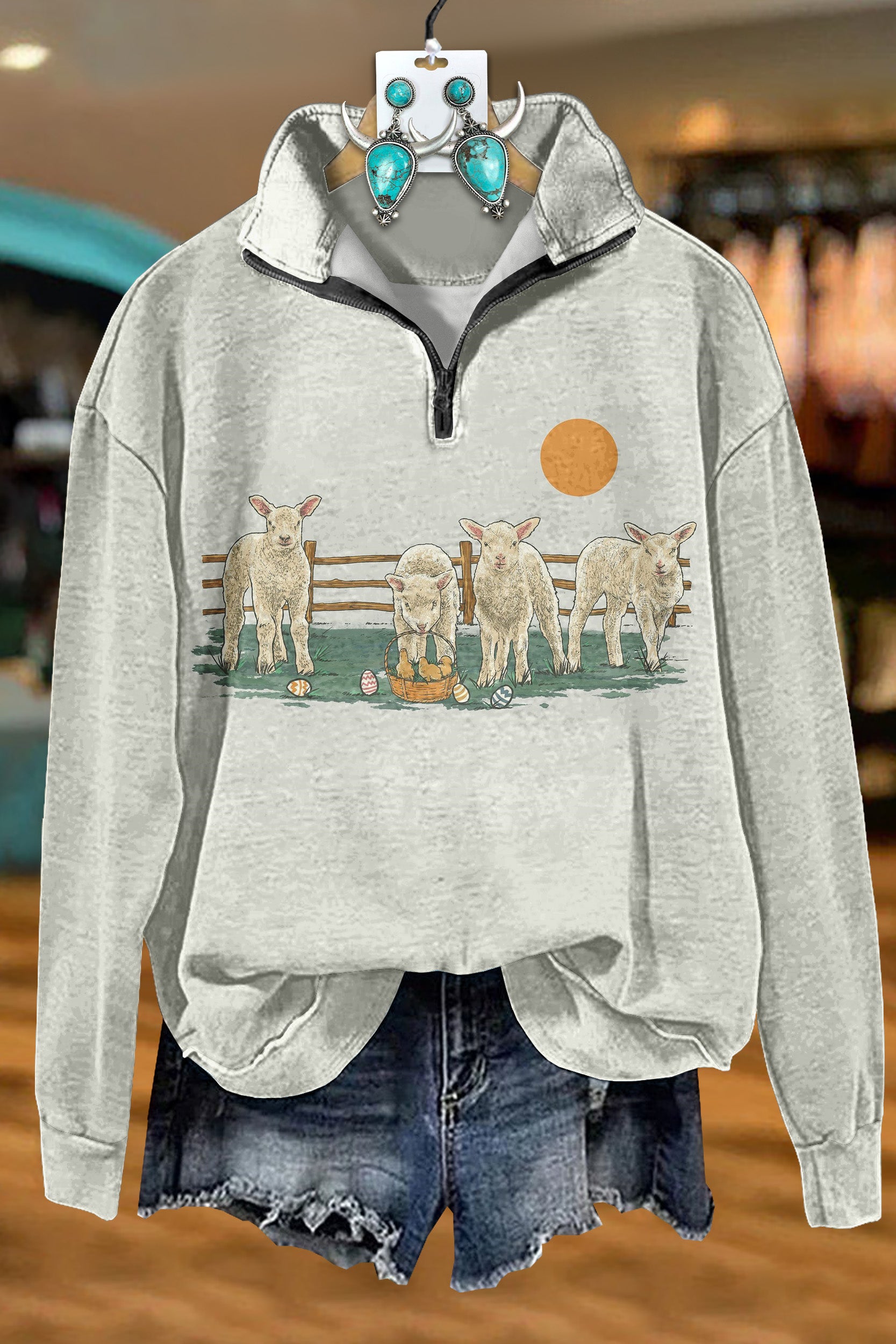 Western Easter Egg Sheep Zip Sweatshirt