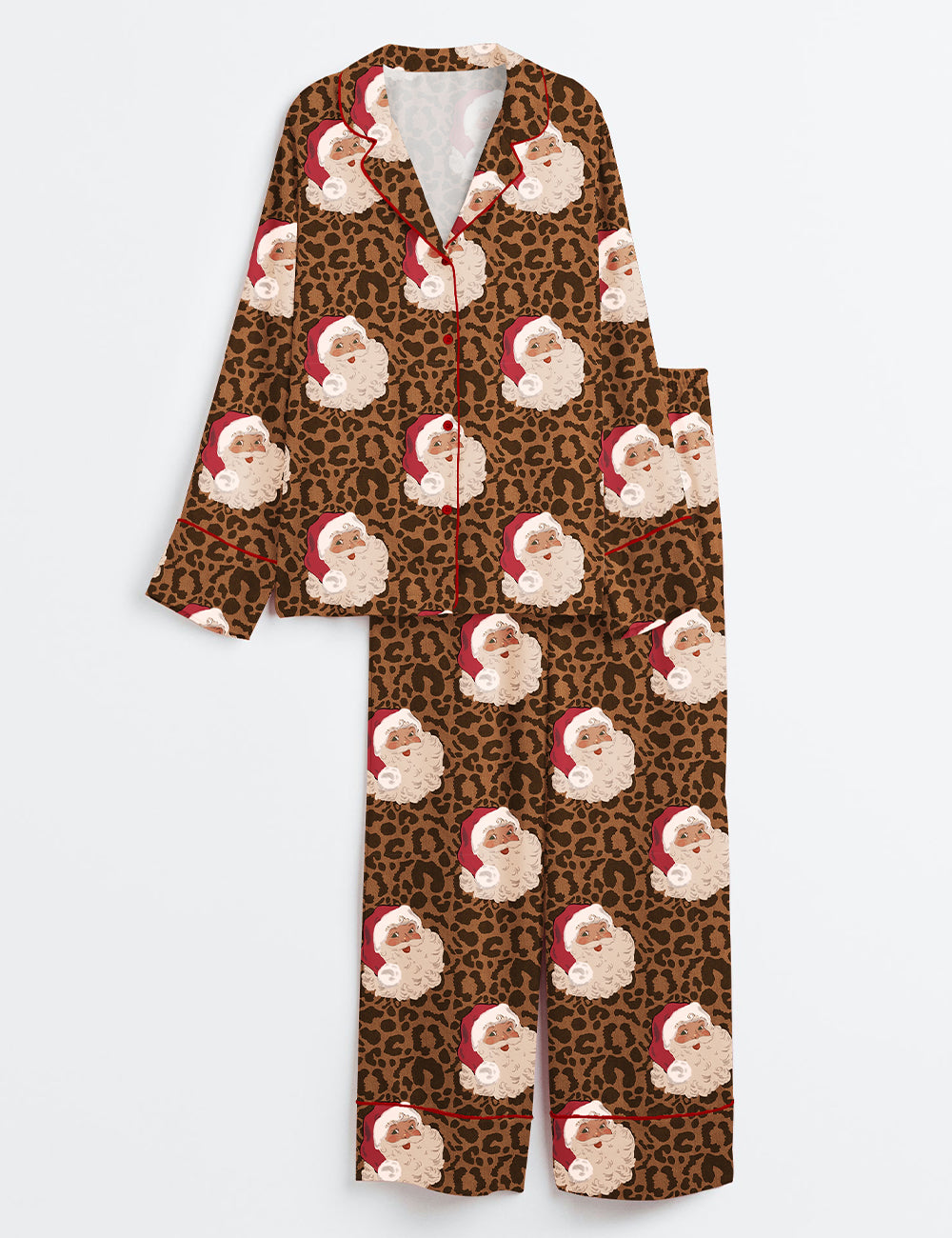 Vintage Christmas Santa Leopard Long Sleeve Satin Pajama Set