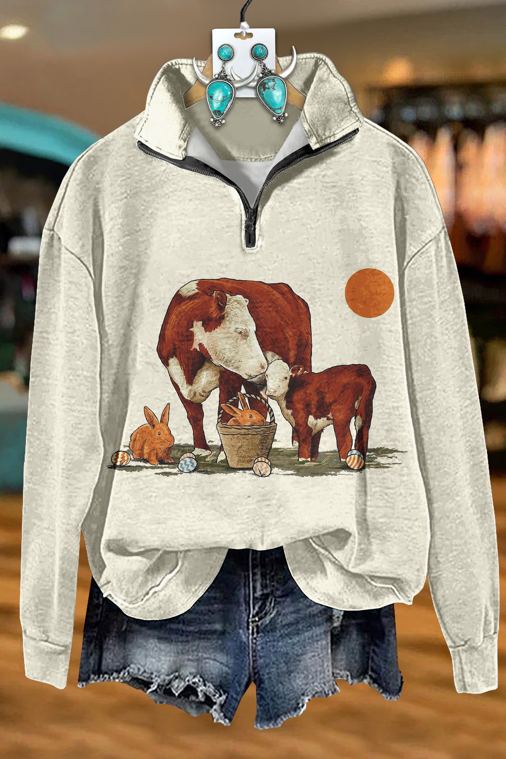 Western Easter Egg Bunny Cow Zip Sweatshirt