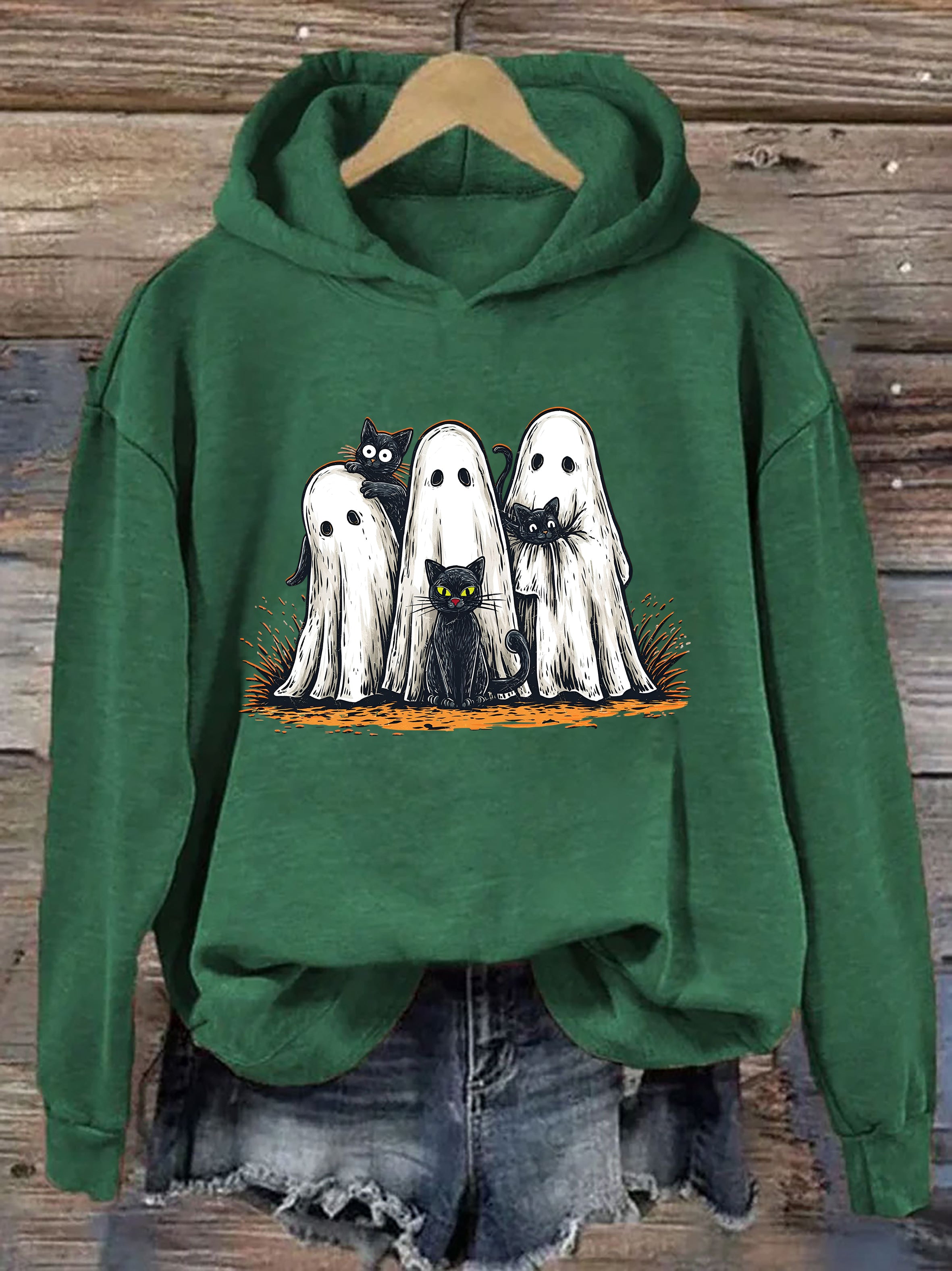 Retro Halloween Ghost And Cat Hoodie