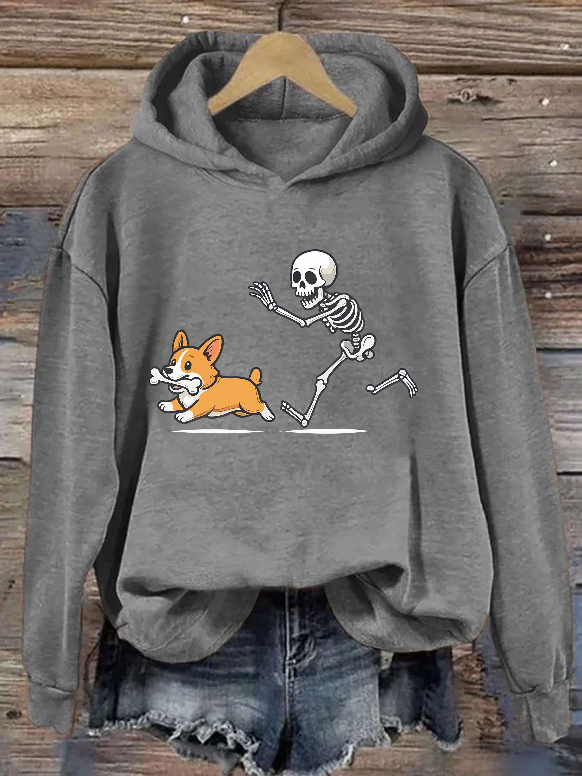 Funny Skeleton Chasing Corgi Hoodie