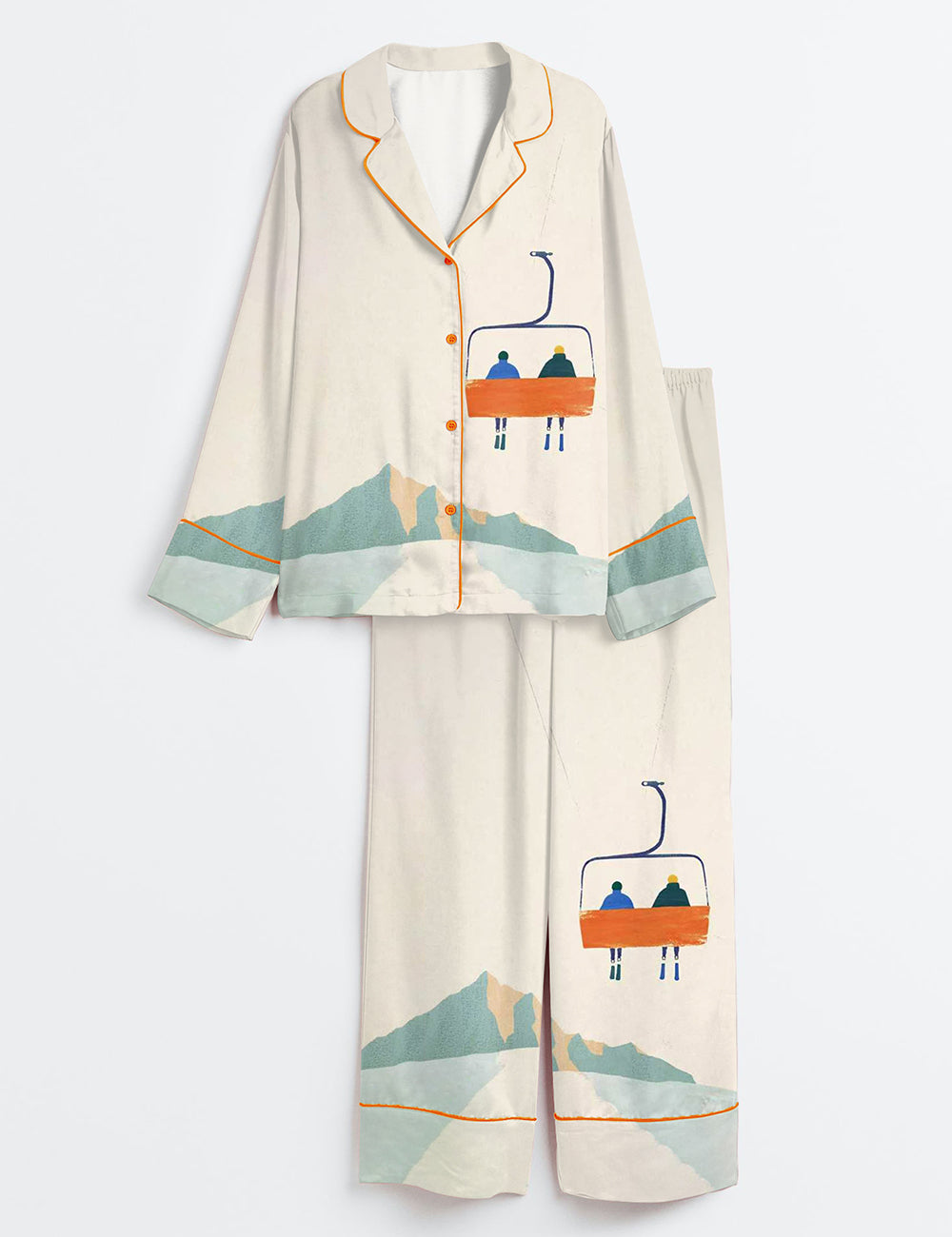 Winter Mountain Skiing Chairlift Skiers On Chairlift Long Sleeve Satin Pajama Set