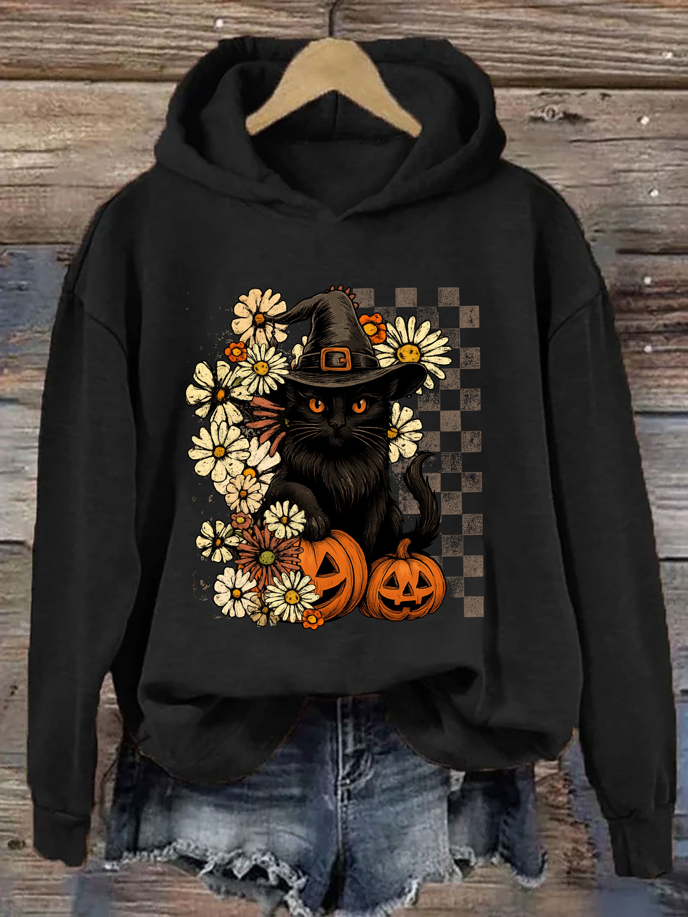 Boho Floral Black Cat Hoodie
