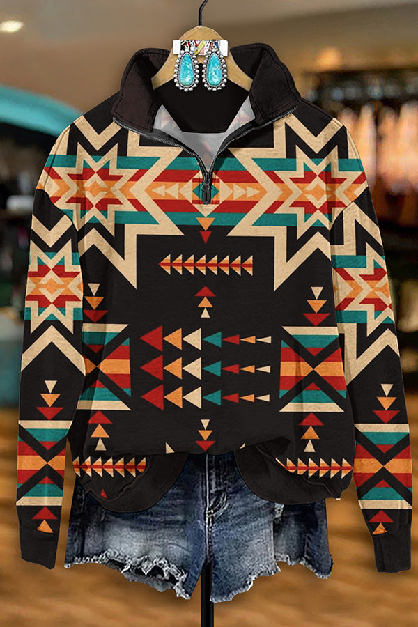 Retro Western Aztec Print Zip-Up Sweatshirt