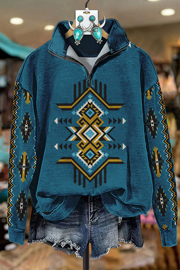 Retro Western Aztec Printed Zipper Sweatshirt