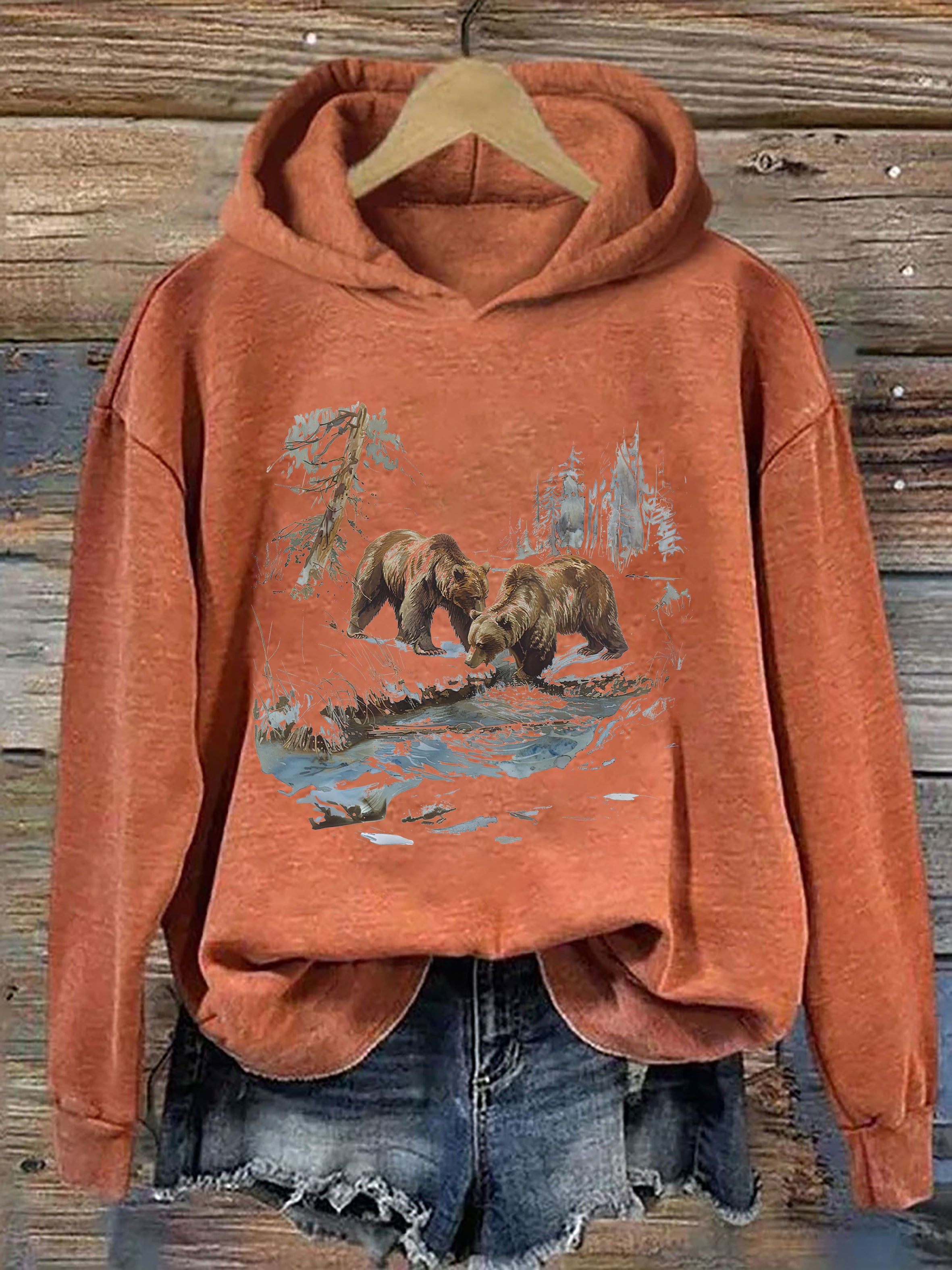 Retro Grizzly Bears Wilderness Scene Hoodie