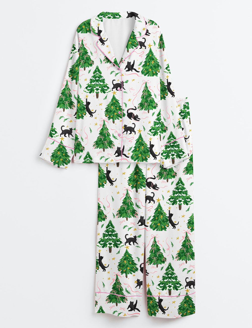 Christmas Tree Cat Long Sleeve Satin Pajama Set