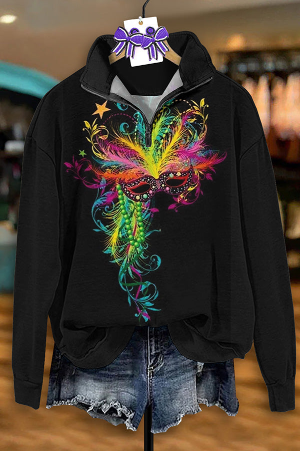 Vintage Mardi Gras Print Zip-Up Sweatshirt