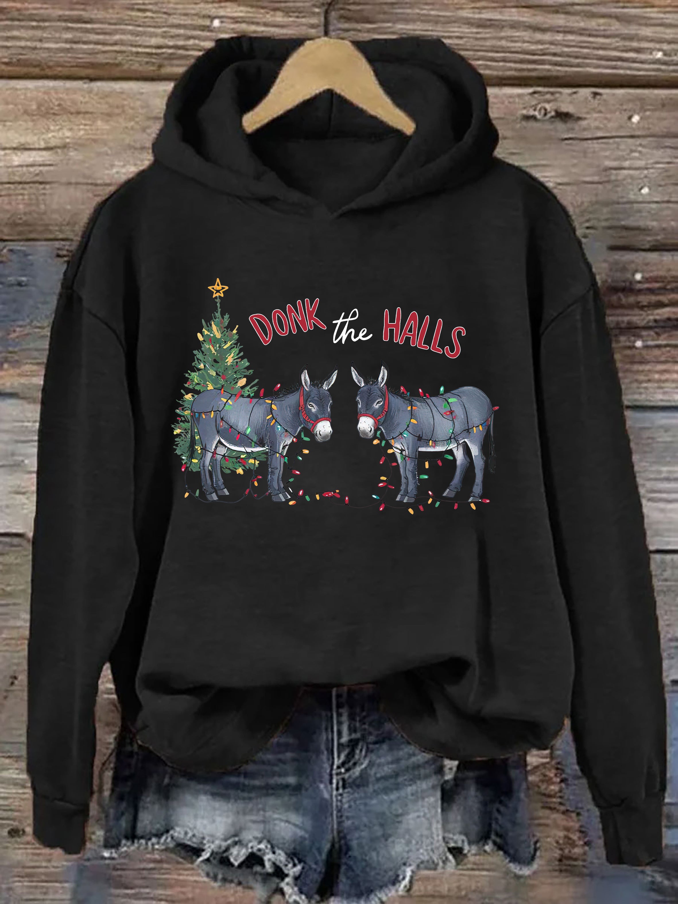 Funny Christmas Donkeys Tangled In Christmas Lights Hoodie