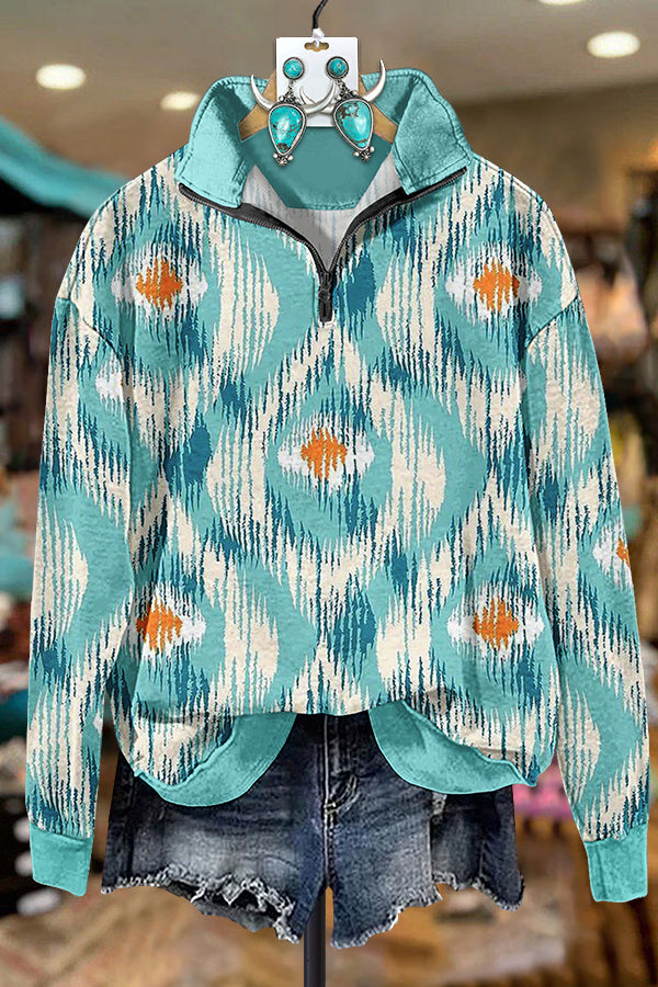 Western Turquoise Abstract Print Zip Sweatshirt