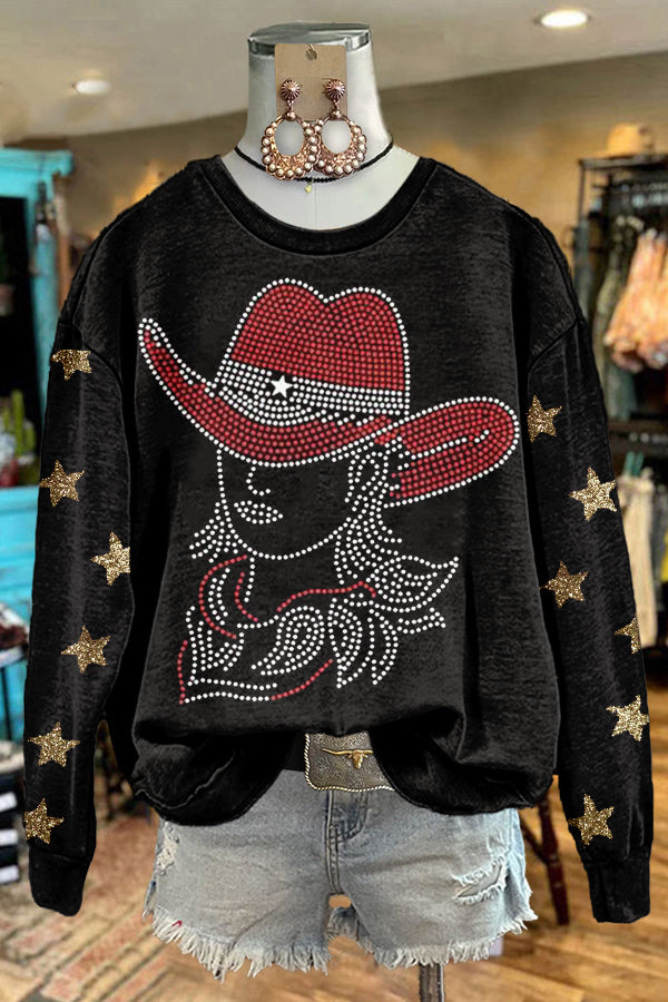 Shiny Western Cowgirl Star Print Sweatshirt