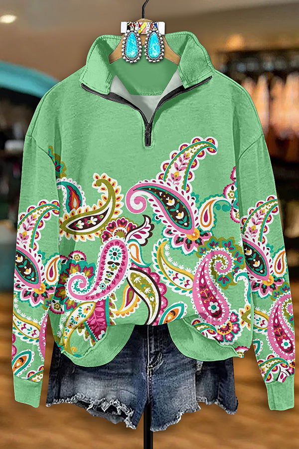 Vintage Western Perlis Print Zip-Up Sweatshirt