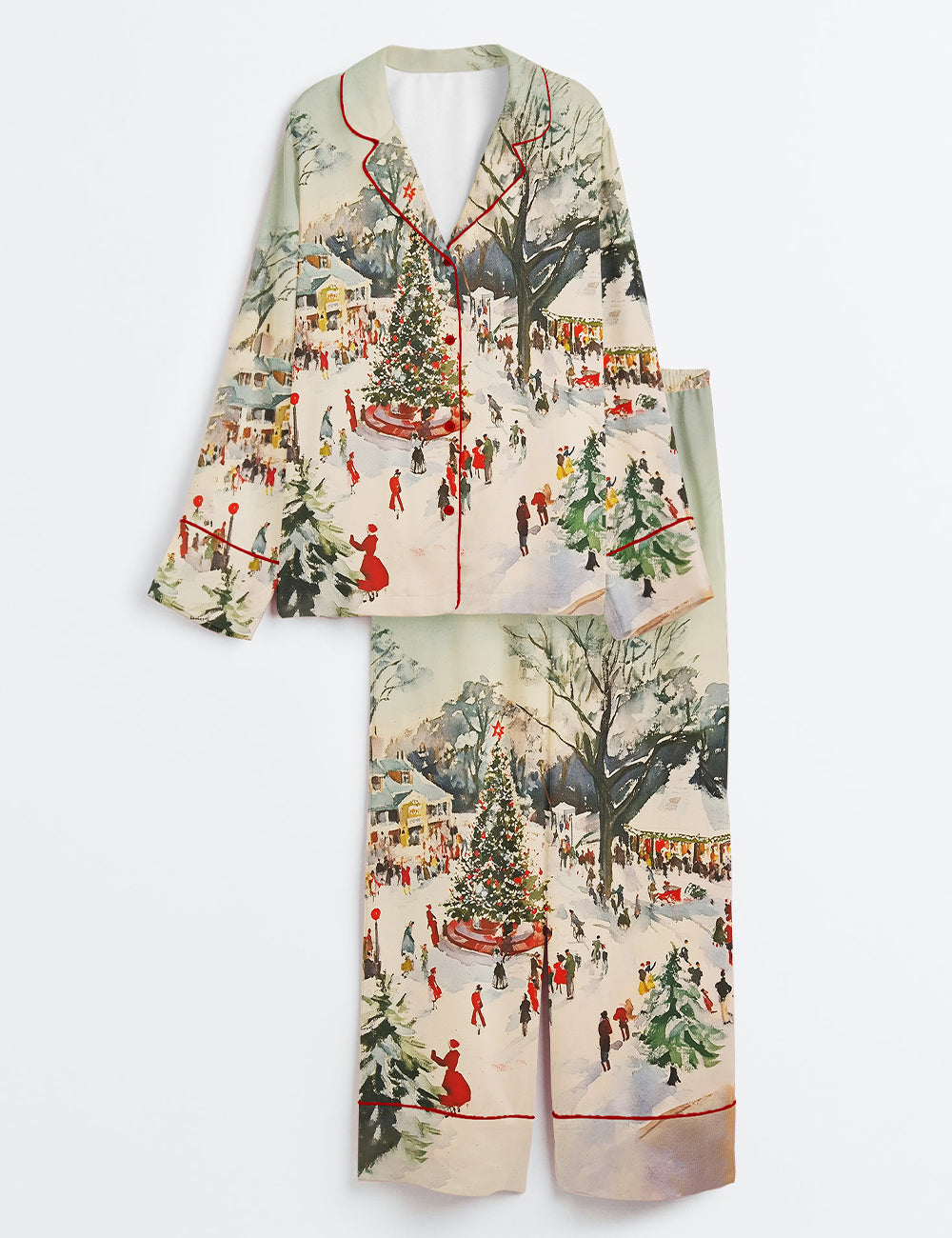 Winter Town Square Art Print Festive Christmas Scene Long Sleeve Satin Pajama Set