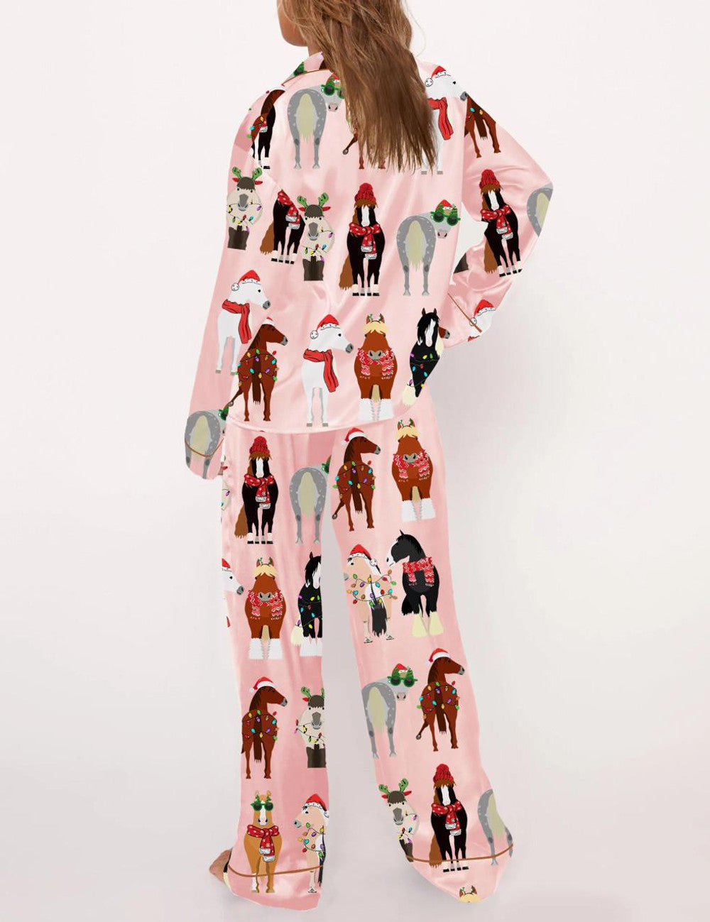 Long Sleeve Funny Horse Christmas Satin Pajama Set For Women