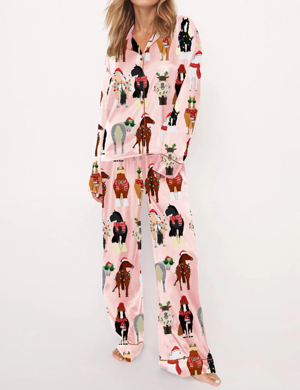 Long Sleeve Funny Horse Christmas Satin Pajama Set For Women
