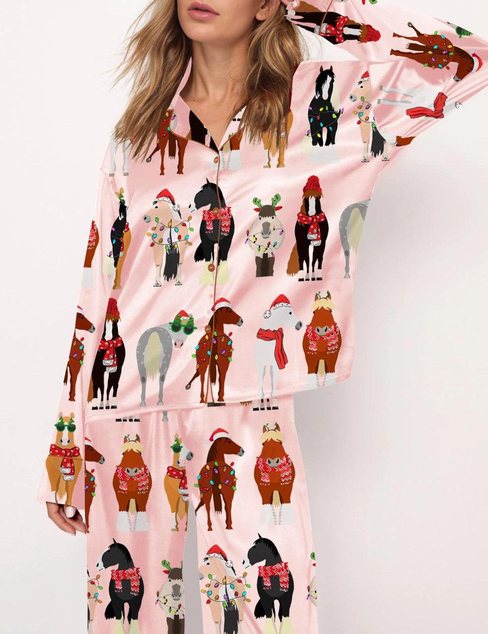 Long Sleeve Funny Horse Christmas Satin Pajama Set For Women